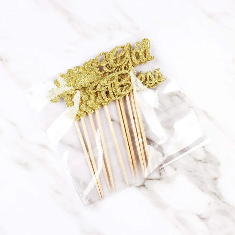 12pcs God Bless Cross Cupcake Toppers Baptism Party Decorations Glitter Bless Cake Topper Dessert Dress Up Baby Birthday
