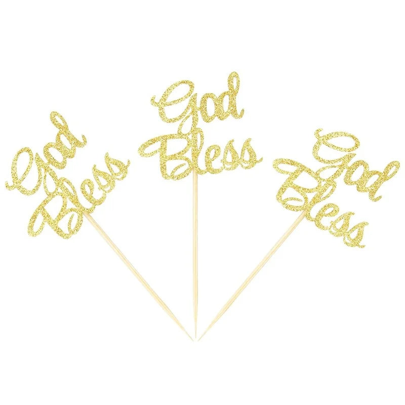 12pcs God Bless Cross Cupcake Toppers Baptism Party Decorations Glitter Bless Cake Topper Dessert Dress Up Baby Birthday
