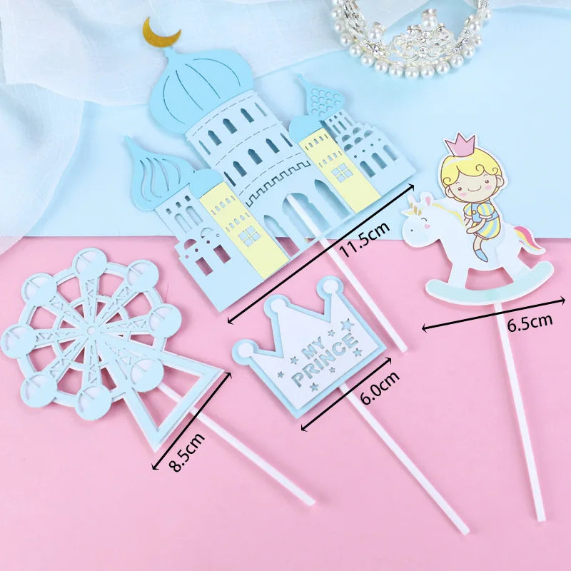 Castle Cake Topper Flags Girls Boys Windmill Prince Happy Birthday Decoration Cupcake Topper For Baby Shower Baking Supplies DIY
