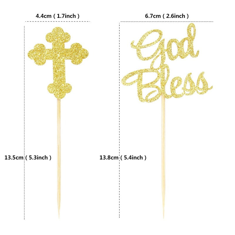 12pcs God Bless Cross Cupcake Toppers Baptism Party Decorations Glitter Bless Cake Topper Dessert Dress Up Baby Birthday