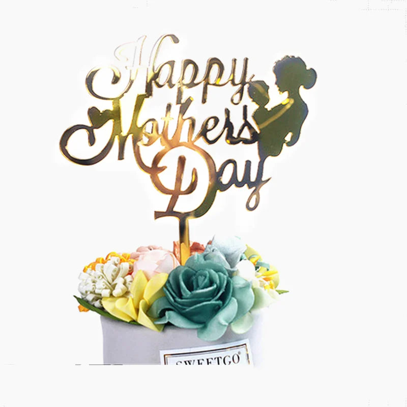 2023 Happy Mothers Day Cake Topper Gold Red Tulip Acrylic MOM Birthday Party Cake Toppers Dessert Decoration Mother's Day Gifts