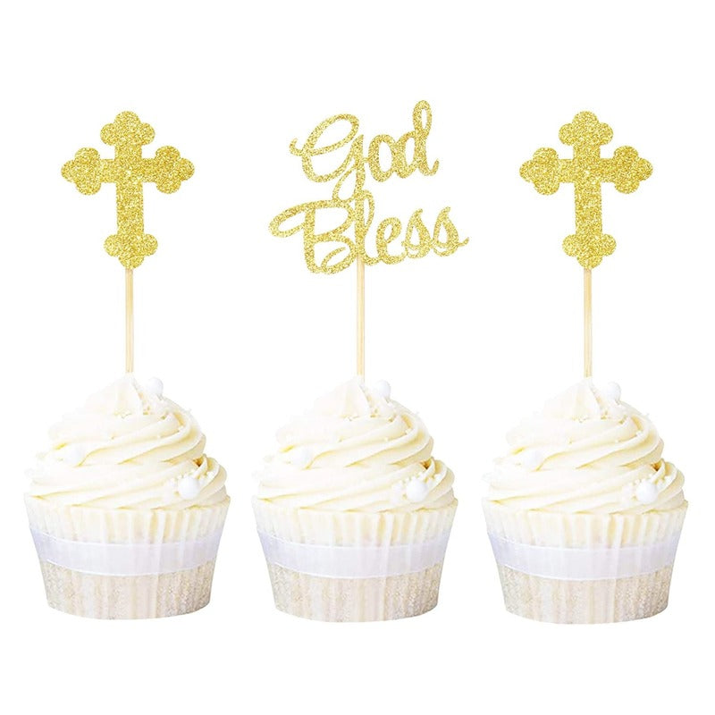 12pcs God Bless Cross Cupcake Toppers Baptism Party Decorations Glitter Bless Cake Topper Dessert Dress Up Baby Birthday