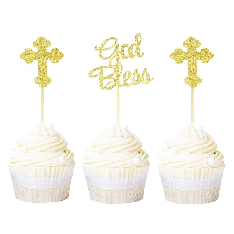 12pcs God Bless Cross Cupcake Toppers Baptism Party Decorations Glitter Bless Cake Topper Dessert Dress Up Baby Birthday