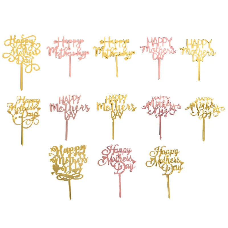 2023 Happy Mothers Day Cake Topper Gold Red Tulip Acrylic MOM Birthday Party Cake Toppers Dessert Decoration Mother's Day Gifts