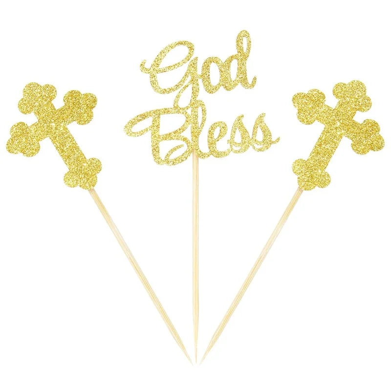 12pcs God Bless Cross Cupcake Toppers Baptism Party Decorations Glitter Bless Cake Topper Dessert Dress Up Baby Birthday