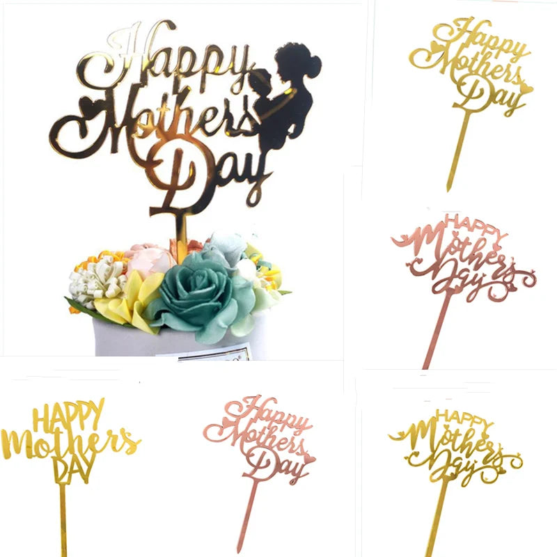 2023 Happy Mothers Day Cake Topper Gold Red Tulip Acrylic MOM Birthday Party Cake Toppers Dessert Decoration Mother's Day Gifts