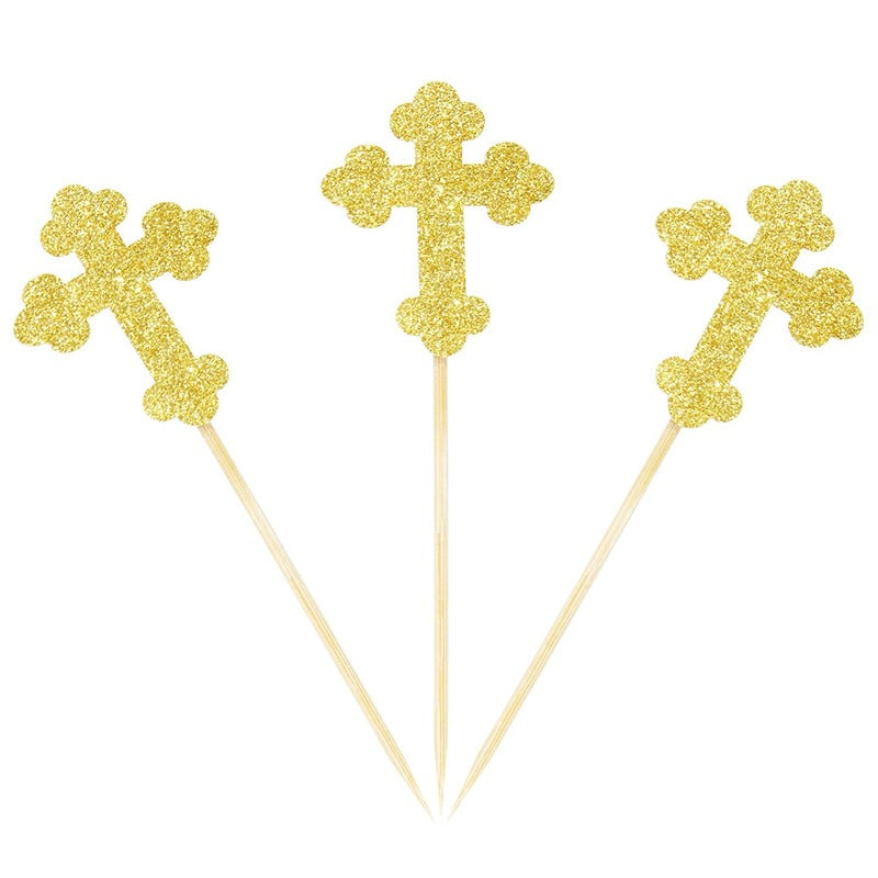 12pcs God Bless Cross Cupcake Toppers Baptism Party Decorations Glitter Bless Cake Topper Dessert Dress Up Baby Birthday