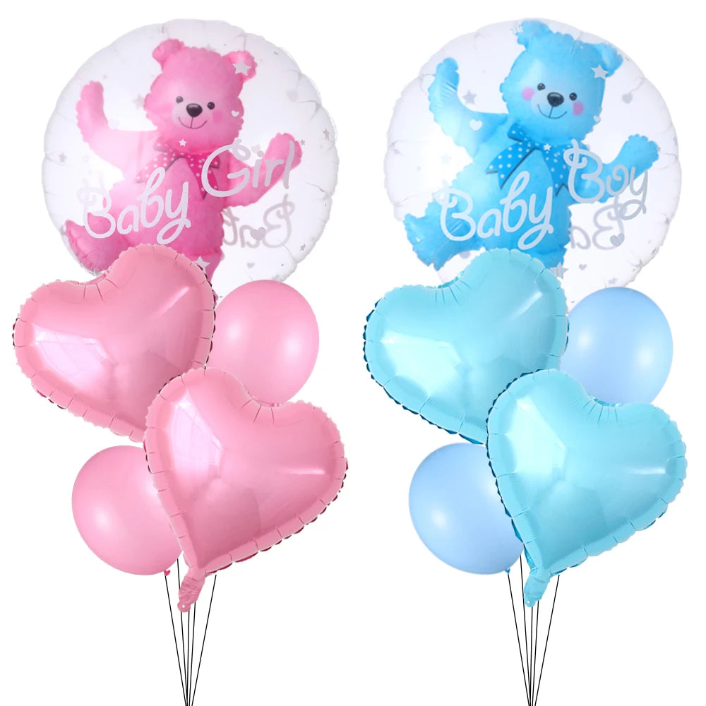 4D Transparent Baby Boy Girl Blue Pink Bubble Balloon Bear Foil Balloons Set Kids Birthday Gender Reveal Baby Shower Decorations