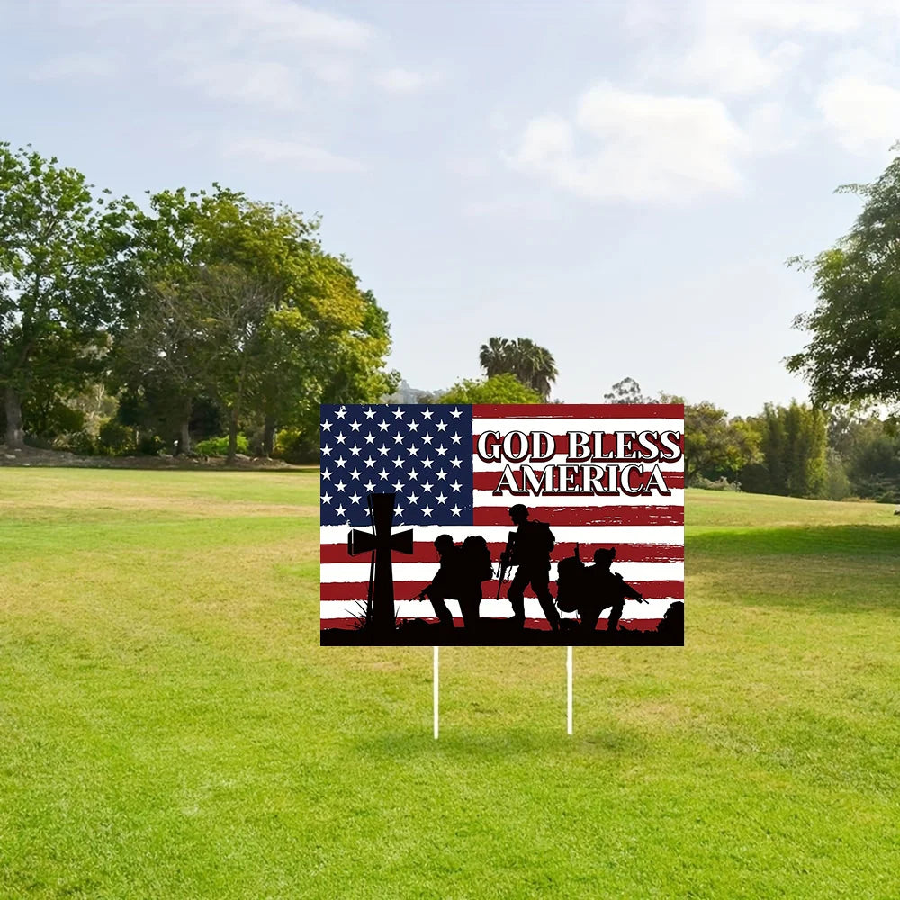 God Bless America Yard Sign with Stake - Patriotic Outdoor Lawn & Garden Decor, Plastic, for Independence Day & More