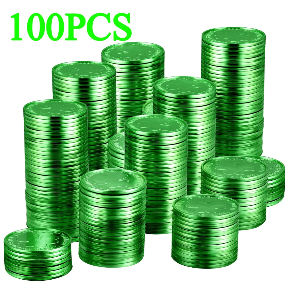 10-100Pcs St Patricks Day Prop Coins Green Gold Clover Lucky Shamrock Party Decoration Props Party Gifts Favors Green Coins Toys