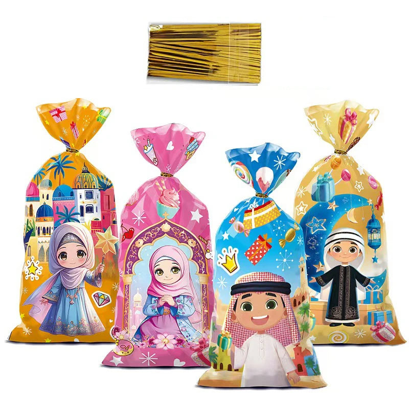 50pcs Eid Mubarak Gift Bags Plastic Cellophane Treat Bags Ramadan Decorations Clear Goodie Candy Bags for Hajj Mubarak Decor