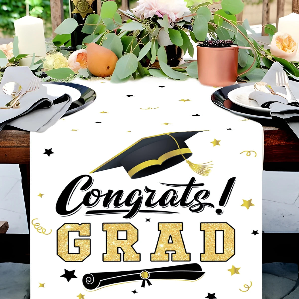 Graduation Table Runner Graduation Decorations 2025 Black Gold Polyester Graduation Table Cloth Prom Grad Party Table Decoration