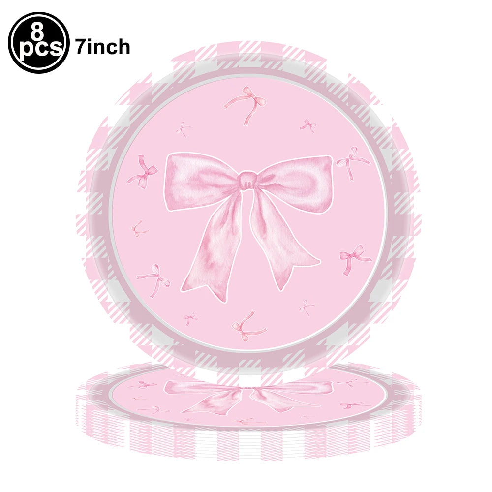 Pink Bow Plates Cups Napkins Forks for Coquette Birthday Decoration Pink Bow Theme Party Supplies for Girls Birthday Party Decor