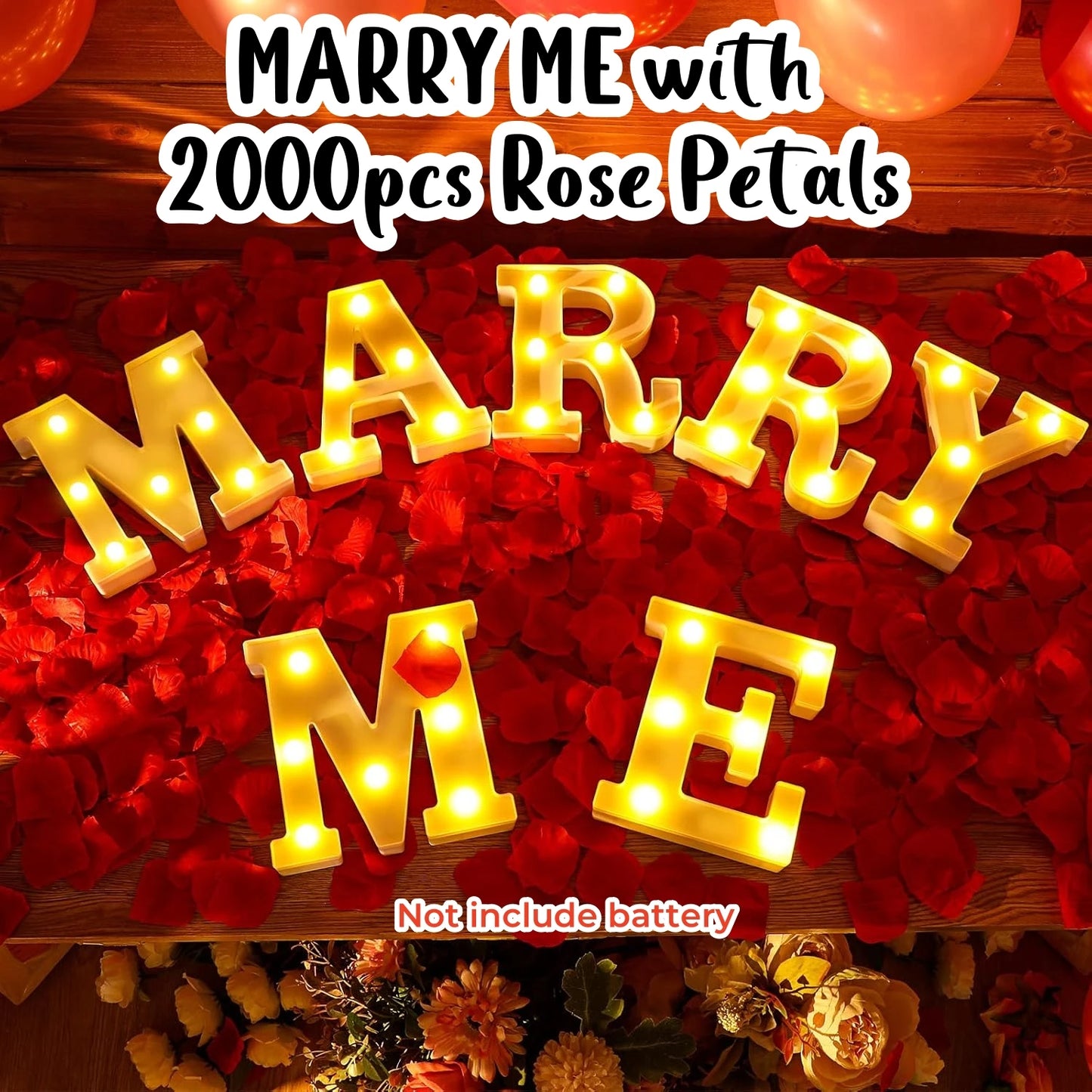 Proposal Decorations Kit Marry Me Light Up Letters 2000 Rose Petals 24 Flameless Candles for Valentine Day Proposal Engagement