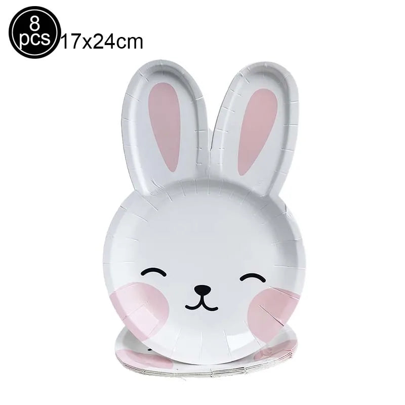 Easter Theme Disposable Tableware Cute Cartoon Bunny Rabbit Pattern Paper Plates Cups Napkins Kids Favor Easter Party Decoration