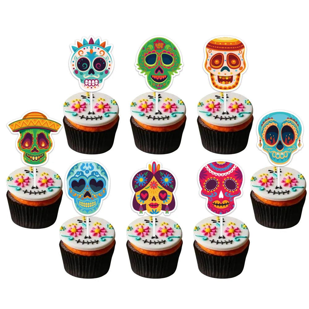 Mexico Day of the Dead Cake Decoration,Mexican Skulls Paper Baking Cake Toppers Party Decoration Insert,Skull Cake Inserts,12pcs