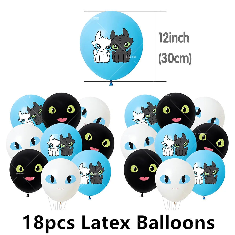 1set How Train Dragon Balloons No Teeth Toothlessing Green Eye Black Loong Party Decoration Happy Birthday Banner Cake Topper