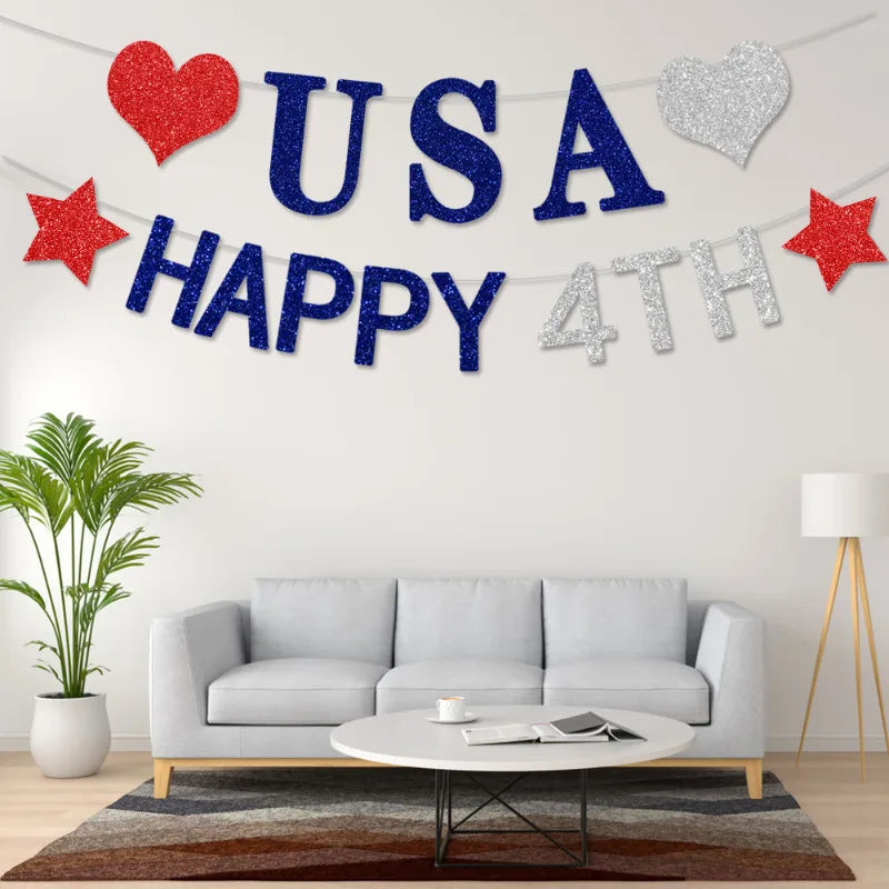 American Independence Day Party Home Decoration Glitter Silver Blue Red Happy 4th USA Letters Heart Stars Hanging Paper Garlands