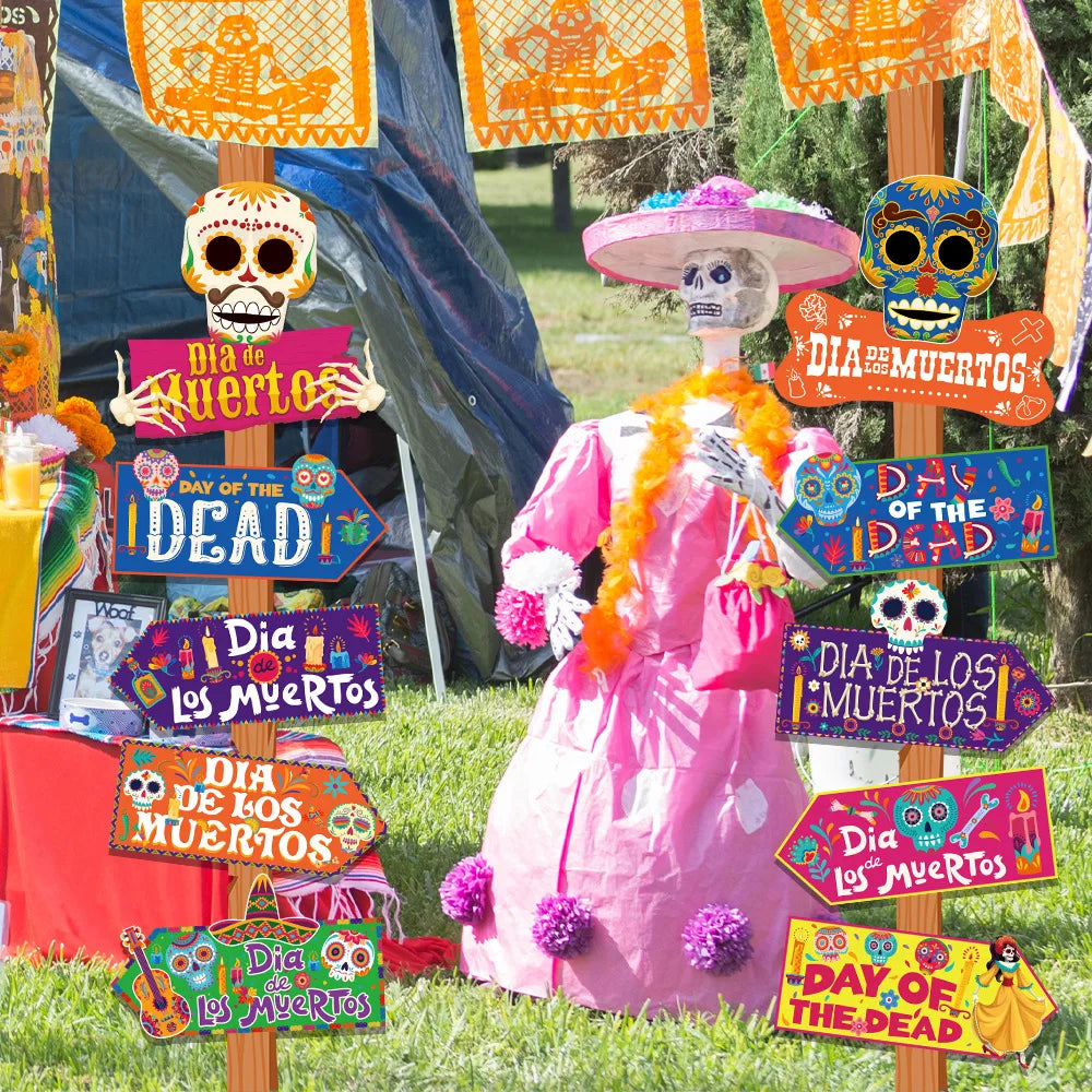 New Day of the Dead Party Skull Signs Lawn Stakes Paper Direction Signs Party Decorations