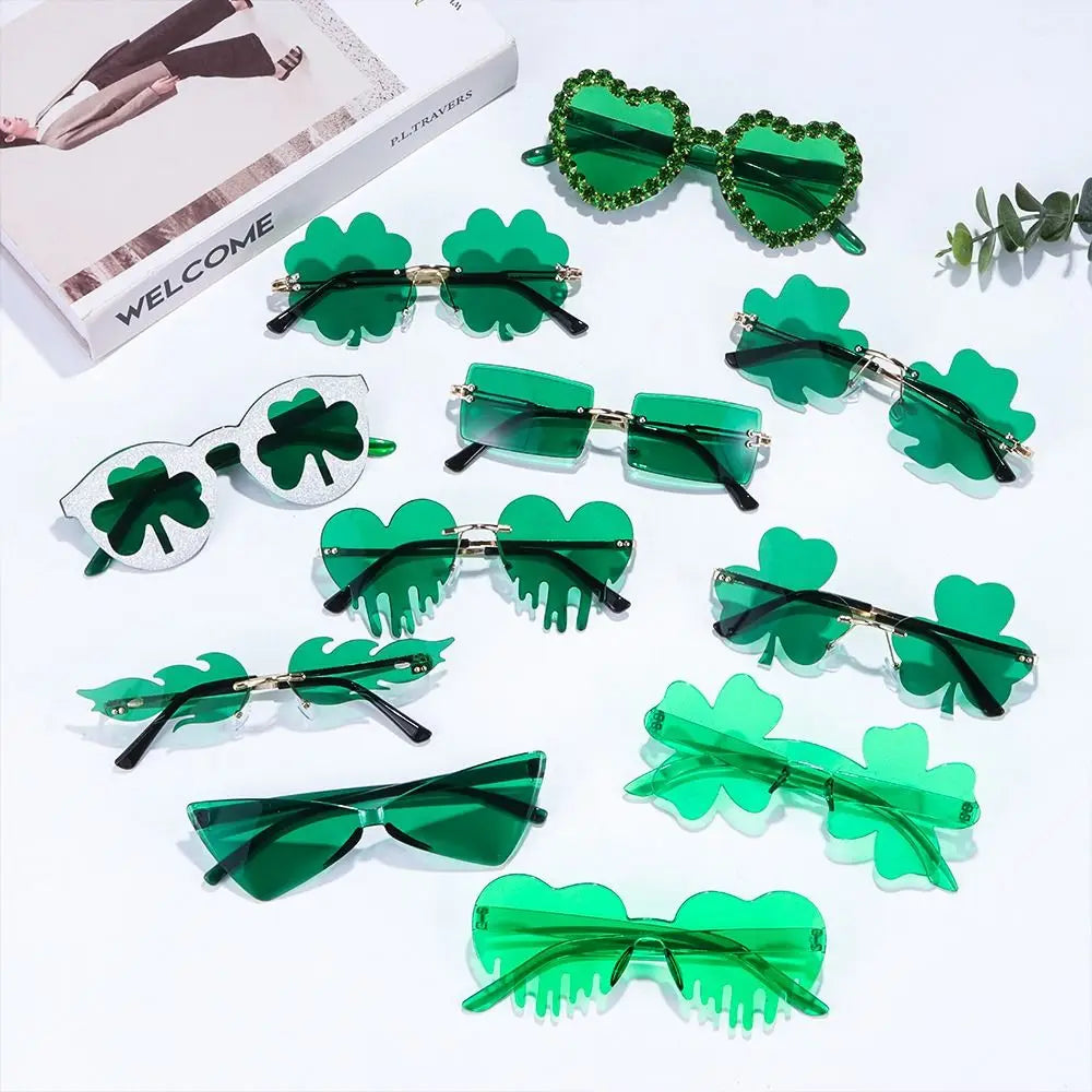 1pc St. Patrick's Day Irish Shamrock Sunglasses Green Four Leaf Clover Leprechaun Costume Glasses Party DIY Decor Supplies