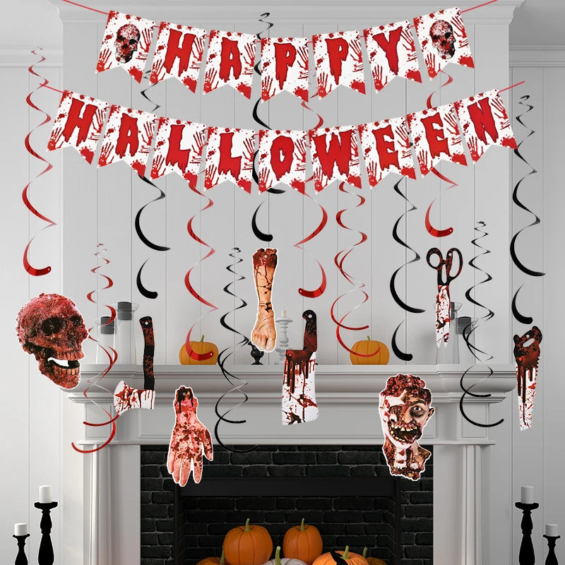 Halloween Blood Banner Paper Garland Scary Eyeball Skull Spiral Hanging Flag Halloween Party Decoration Home Haunted House Decor
