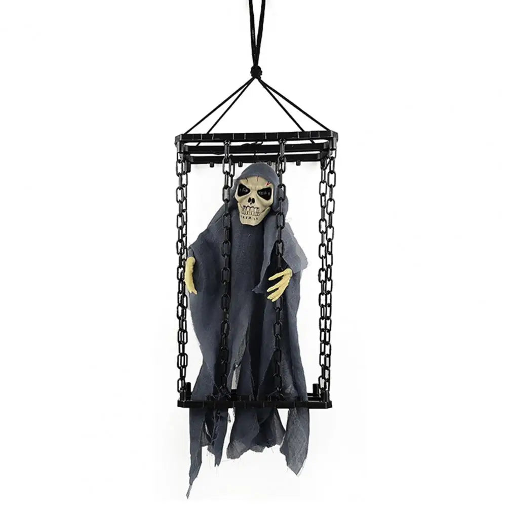 Halloween Outdoor Decoration Ghosts Skeleton Animated Ornament with Lighted Eyes Creepy Laughter Halloween Hanging Prisoner Cage