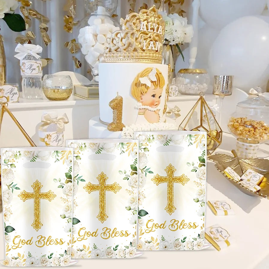 Communion Baptism Flower Cross Party Gift Bag Holy Communion Party Favors Chocolate Cookies Candy Bags for Kids Birthday Decor