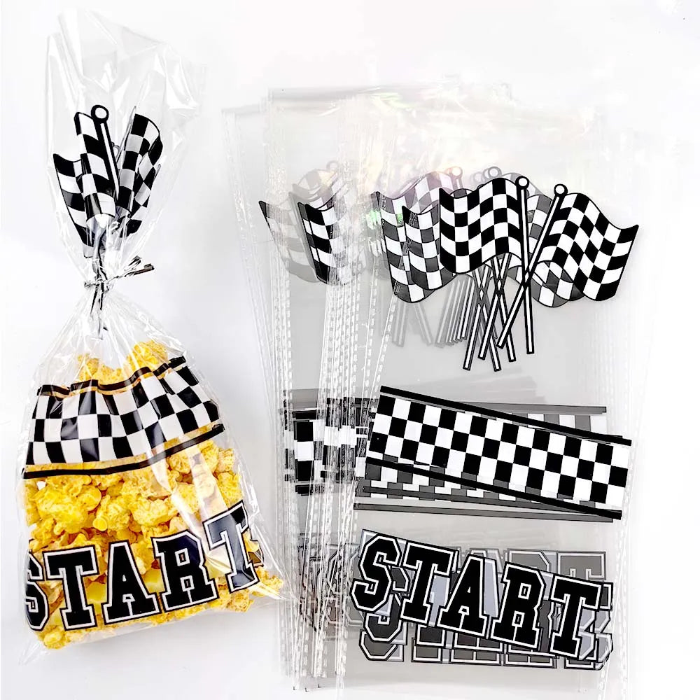 10-50pcs Race Car Cellophane Candy Bags Checkered Racing Flag Treat Bags Goodie Bags Racing Car Themed Birthday Party Supplies
