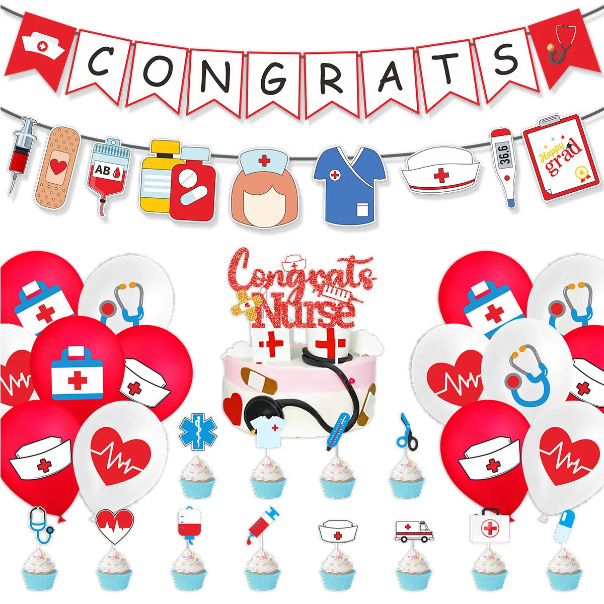 Doctor Nurse Graduation Theme CONGRATS Banners Cupcake Topper Balloon for Happy Nurse's Day Graduated Party Photo Props Decor