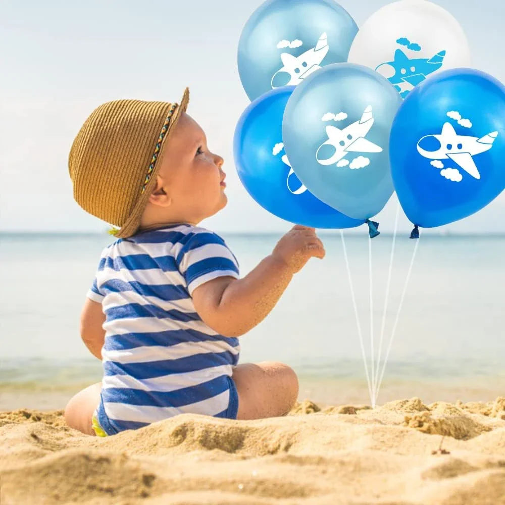 Airplane Party Decoration 12Inch Blue White Latex Balloons Big Plane Foil Cloud Balloon Set for Kids Boys Aviator Theme Birthday