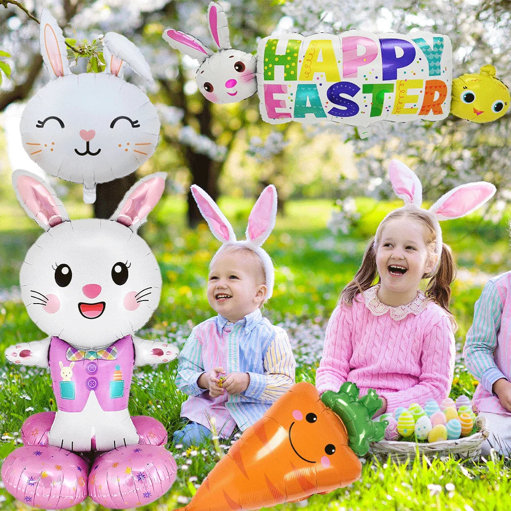 Happy Easter Party Decorations Bunny Eggs Paper Plates Cute White Rabbit Carrot Foil Balloons Kids Party Supplies Easter Favors