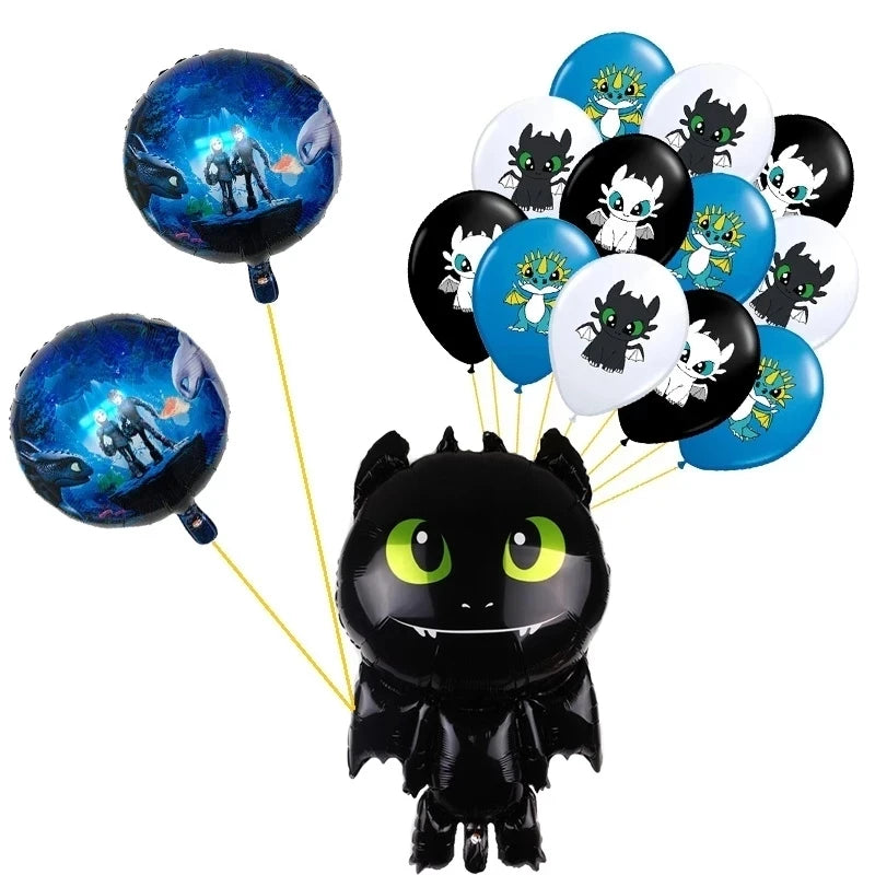 1set How Train Dragon Balloons No Teeth Toothlessing Green Eye Black Loong Party Decoration Happy Birthday Banner Cake Topper