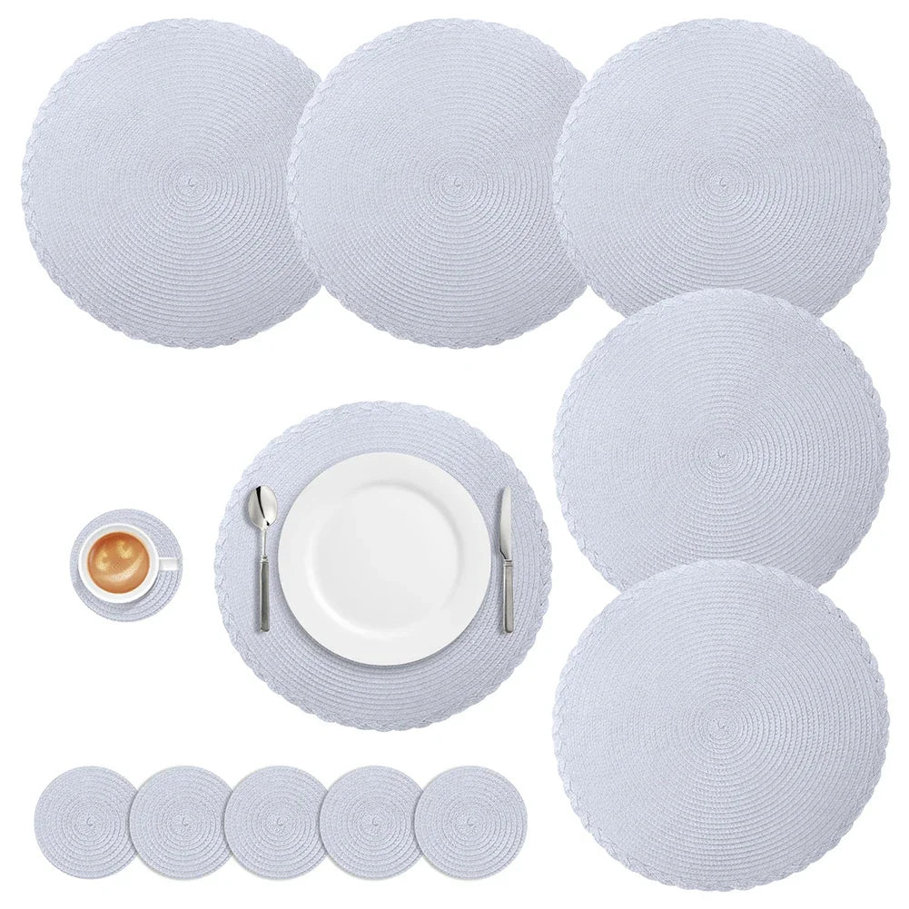 Set of 6 Round Placemats and Coasters Braided Woven Place Mats Washable Heat Resistant Table Mats and Coasters for Dining Table