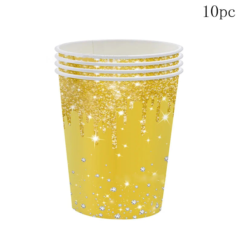 10Guests Gold Diamond Gilding Disposable Tableware Wedding Birthday Plates Napkins Happy Birthday Party Supplies