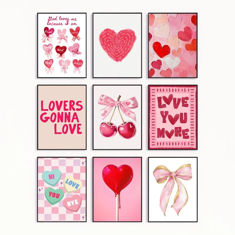 Retro Cute Pink Cherries Bow Heart Lollipop Love Valentine Illustration Poster Canvas Painting Wall Pictures Modern Home Decor