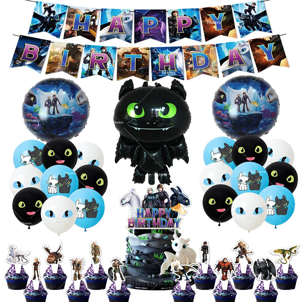 1set How Train Dragon Balloons No Teeth Toothlessing Green Eye Black Loong Party Decoration Happy Birthday Banner Cake Topper