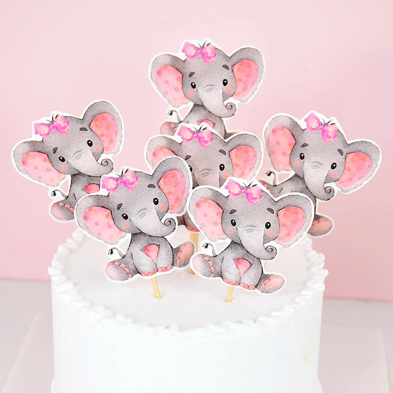 12Pcs Blue Pink Elephant Cupcake Topper Kids Birthday Baby Shower Elephant Cake Decoration Boy Girl Gender Reveal Party Supplies