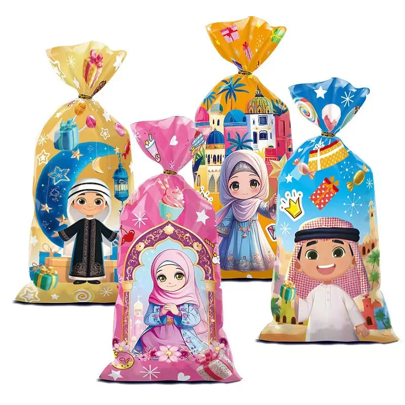 50pcs Eid Mubarak Gift Bags Plastic Cellophane Treat Bags Ramadan Decorations Clear Goodie Candy Bags for Hajj Mubarak Decor