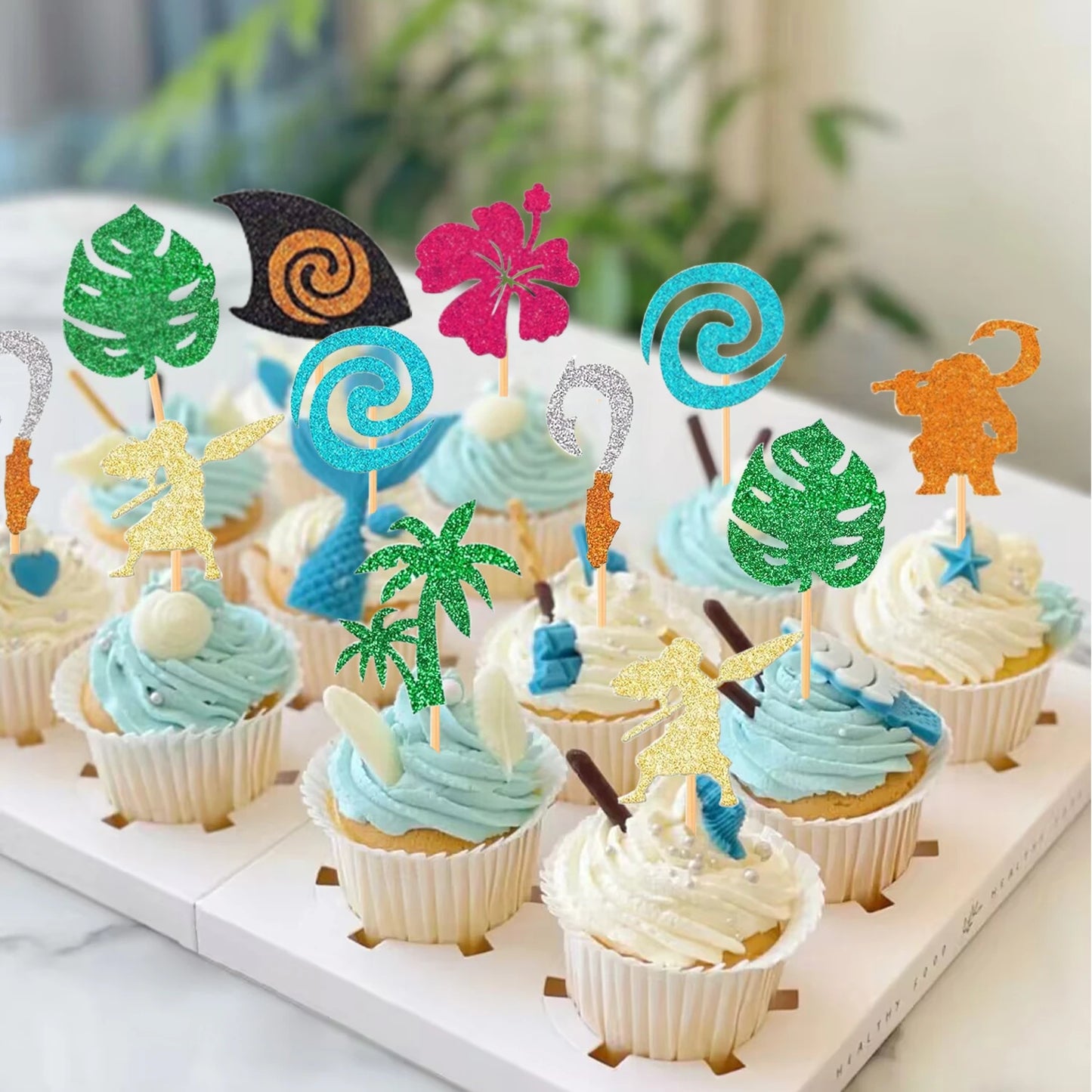 Moana Cake Topper Glittery Cupcake Toppers Hawaiian Birthday Party Decoration for Tropical Luau Summer Party Baby Shower Wedding