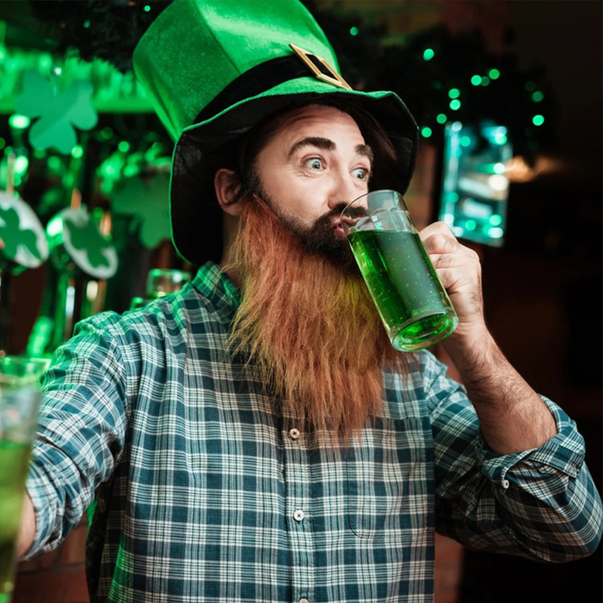 Saint Patricks Day Top Hat Holiday Fake Beard Green Celebration Costume for Irish Festival Birthday Party Decor Supplies