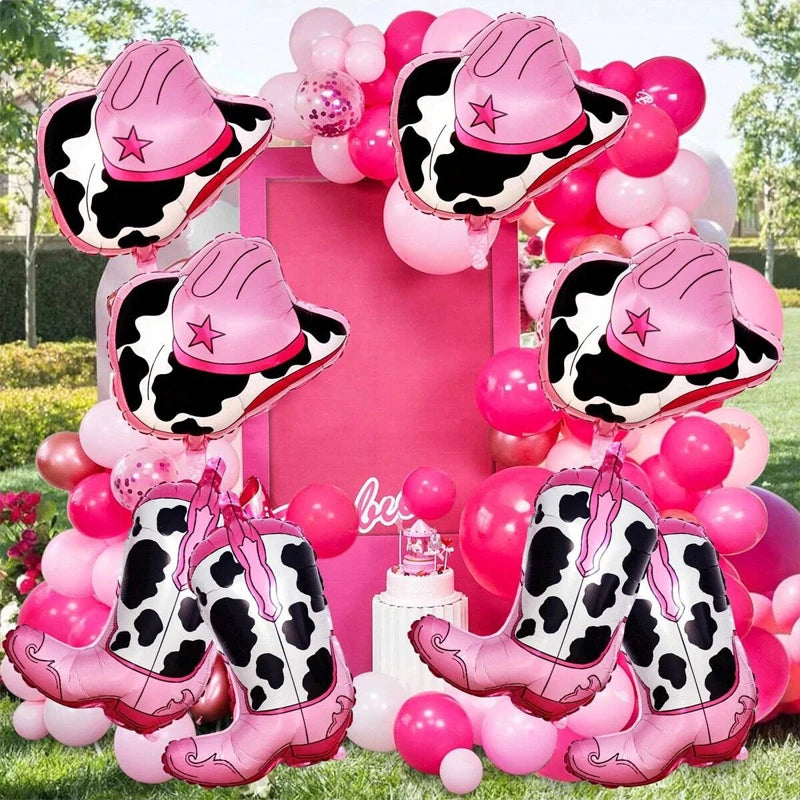 Western themed party balloons, including boots, cowboy hat foil balloons, suitable for birthday, bachelorette party decorations