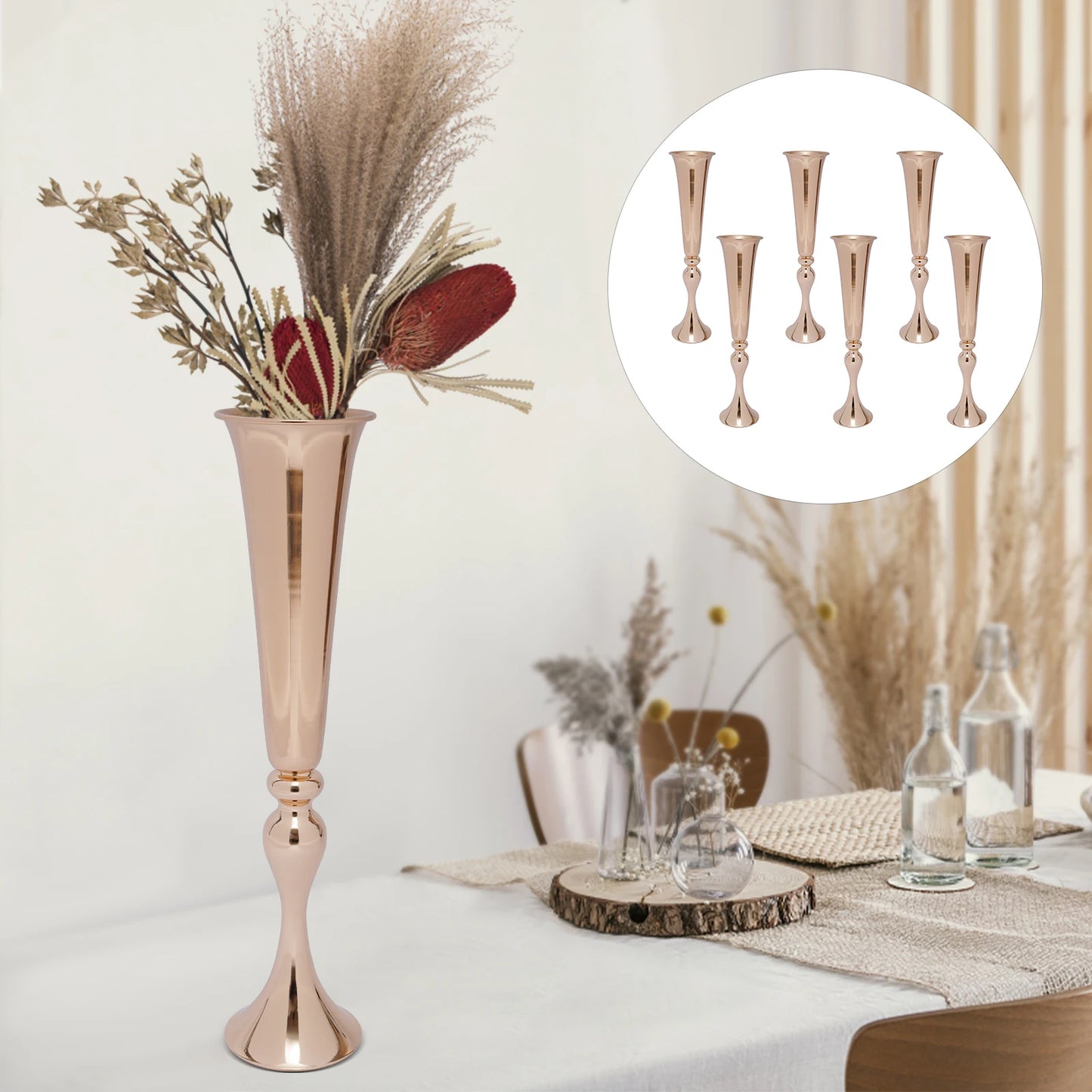 Golden Metal Table Flower Stand Vase 6Pcs Candle Holder 22.2" Tall Wedding Centerpiece Party Event Hotel Decoration
