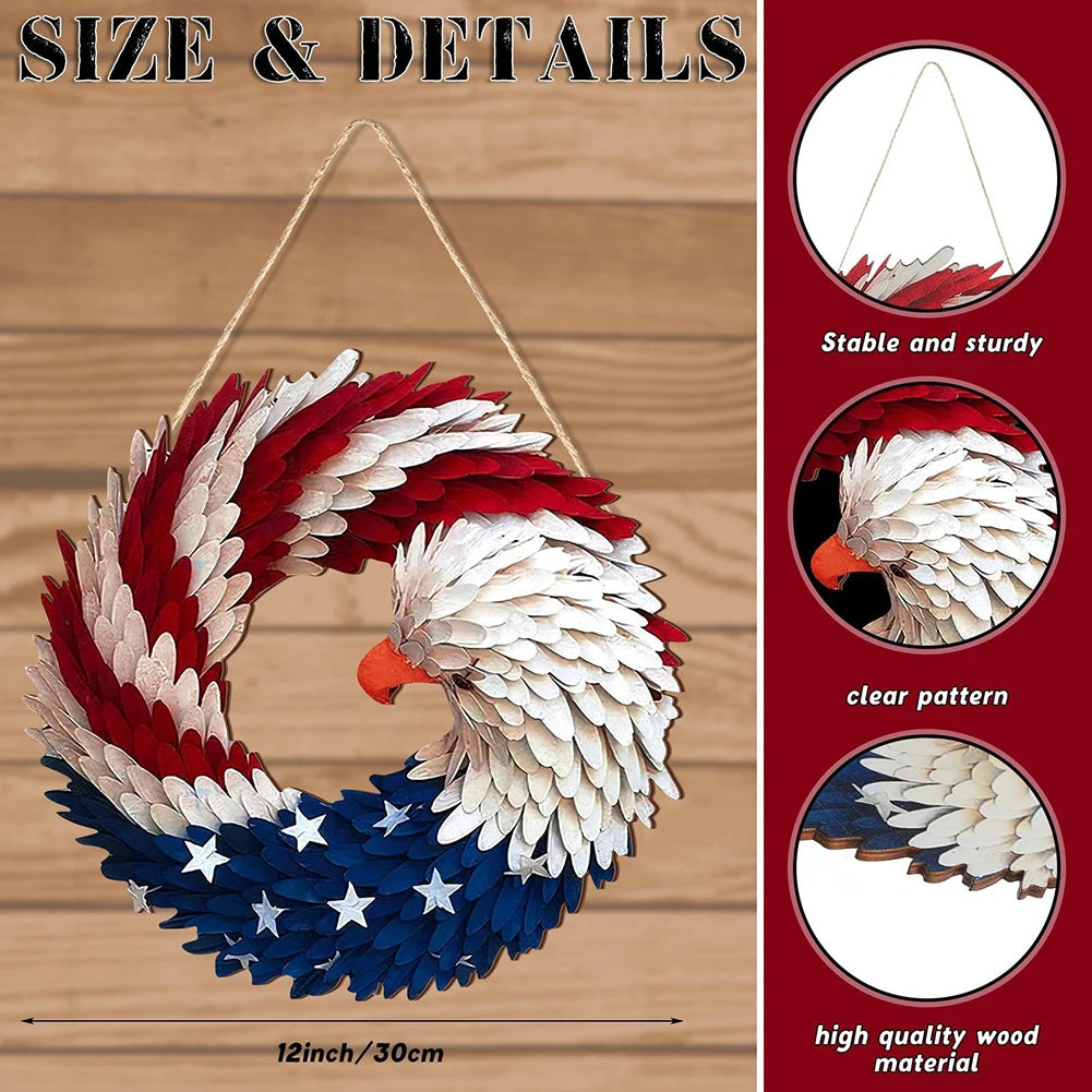Independence Day Door Sign Wall Hanging Round Wooden Plaque Patriotic Front Door Decor 4th of July Festival Hanging Garland