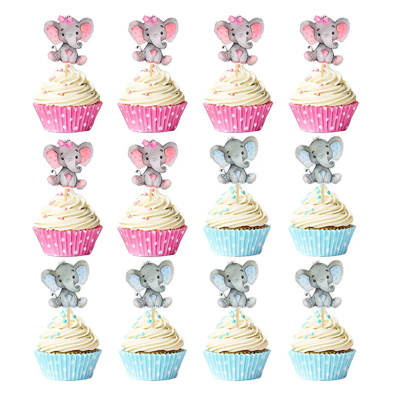 12Pcs Blue Pink Elephant Cupcake Topper Kids Birthday Baby Shower Elephant Cake Decoration Boy Girl Gender Reveal Party Supplies
