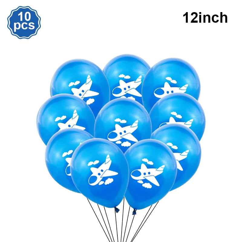 Airplane Party Decoration 12Inch Blue White Latex Balloons Big Plane Foil Cloud Balloon Set for Kids Boys Aviator Theme Birthday
