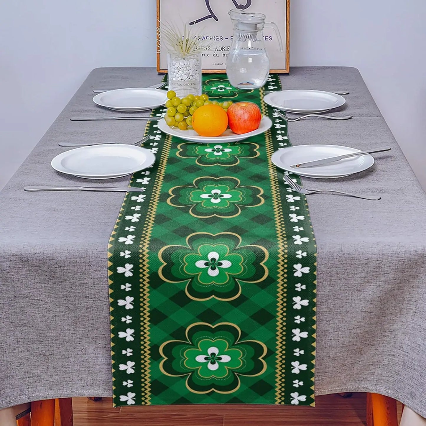 St.Patrick's Day Lucky Clover Linen Table Runner Dresser Scarves Decor Farmhouse Kitchen Dining Table Runner Party Decorations