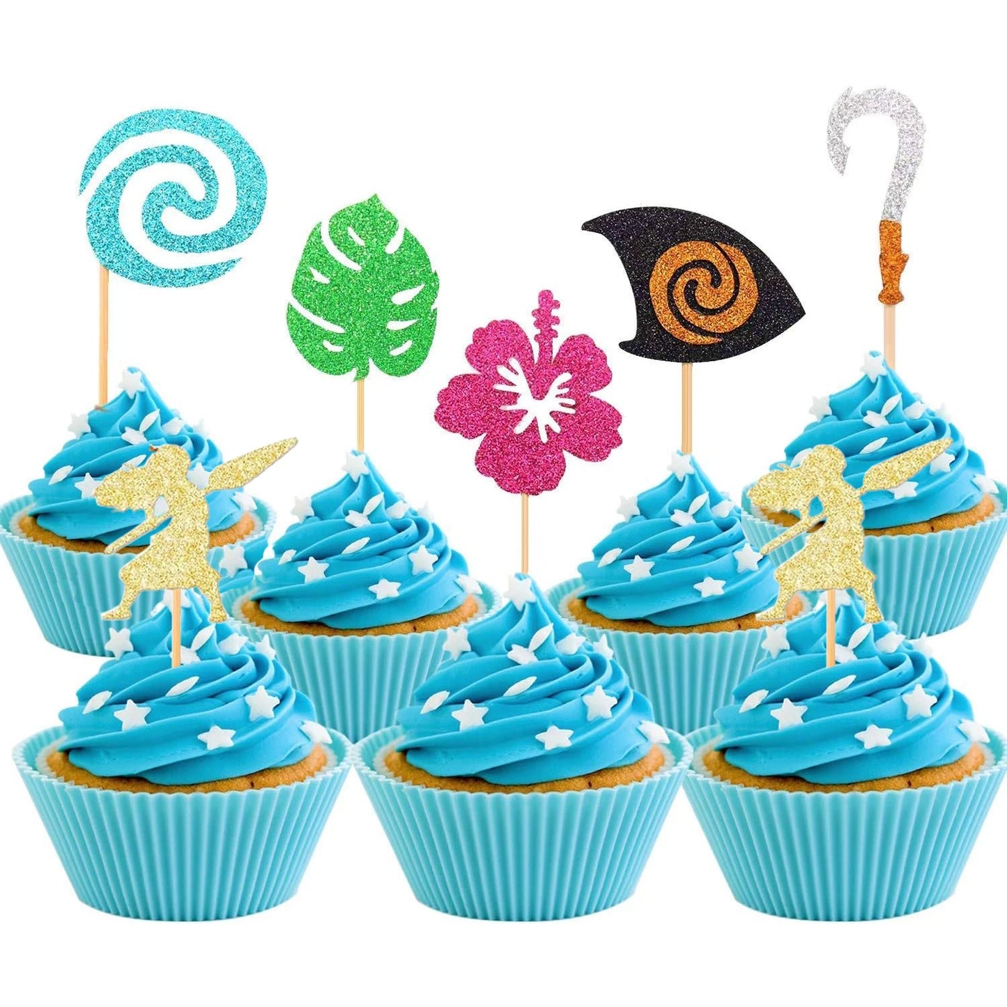Moana Cake Topper Glittery Cupcake Toppers Hawaiian Birthday Party Decoration for Tropical Luau Summer Party Baby Shower Wedding