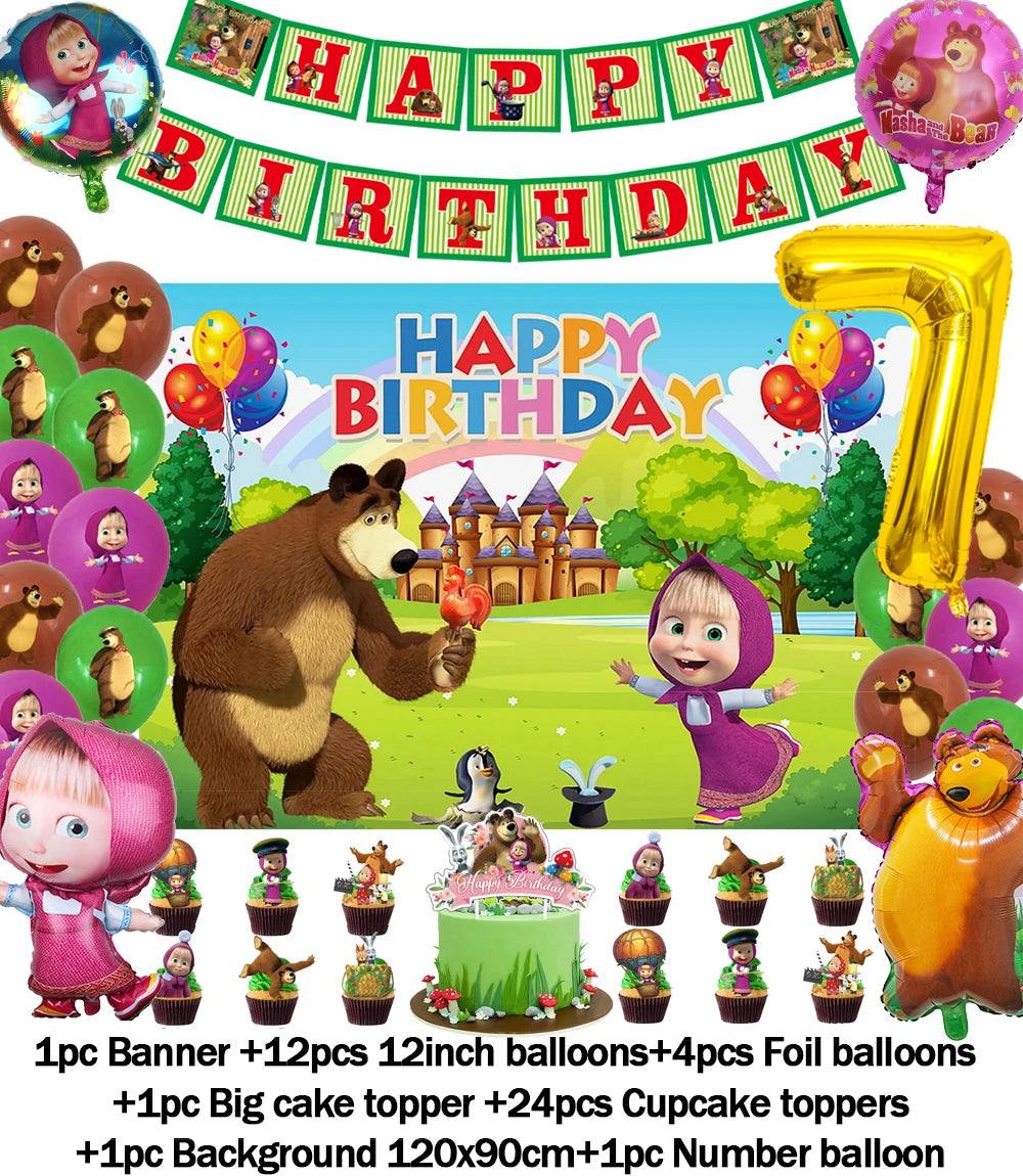 Cartoon Girl-Mashas-And Bear Kids Birthday Party Digital Balloon Banner Background Cake Topper Decoration Supplies Baby Gifts