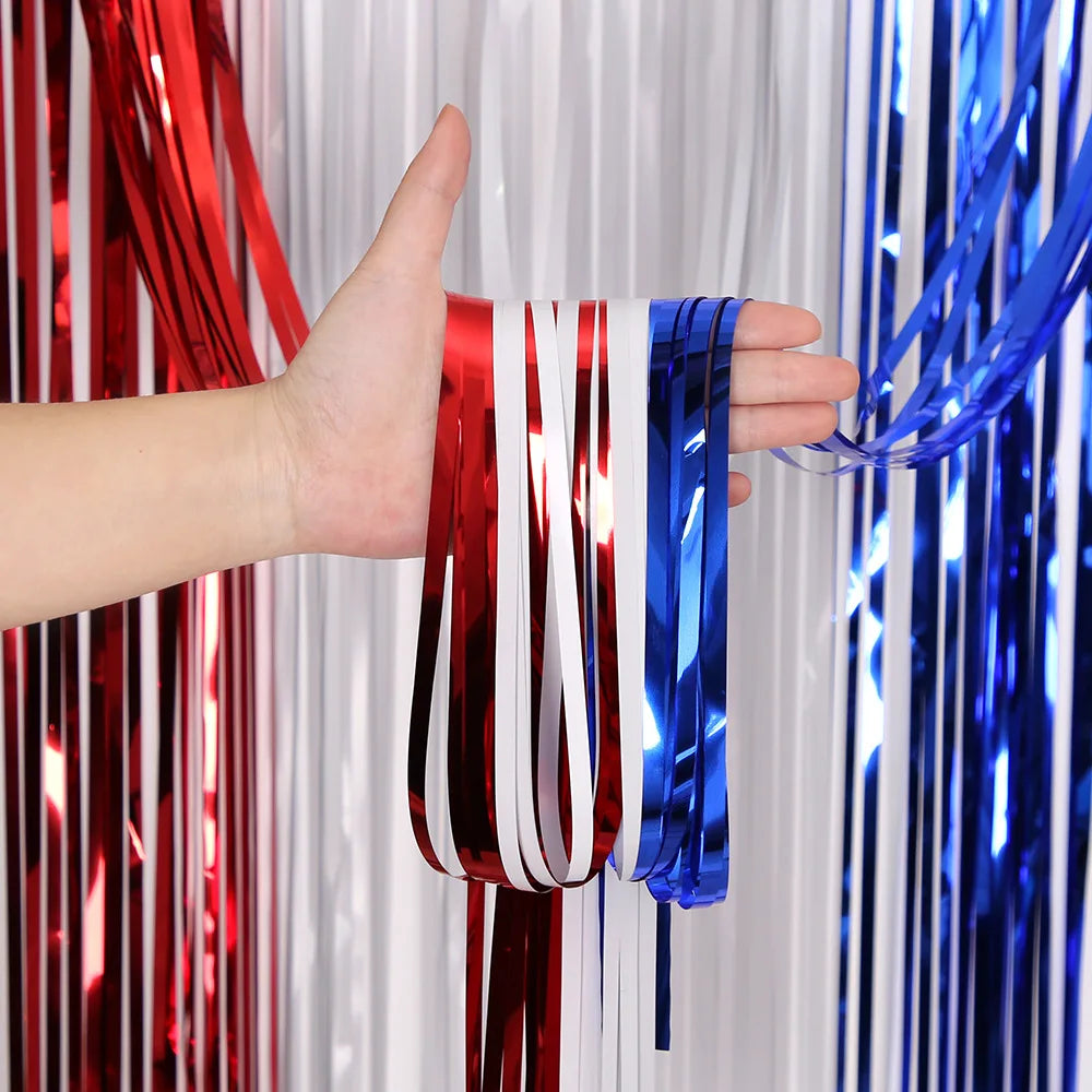 American Independence Day Decoration,American Flag,Red White Blue Metallic Tinsel Foil Fringe Curtains,4th Of July,Photo Props