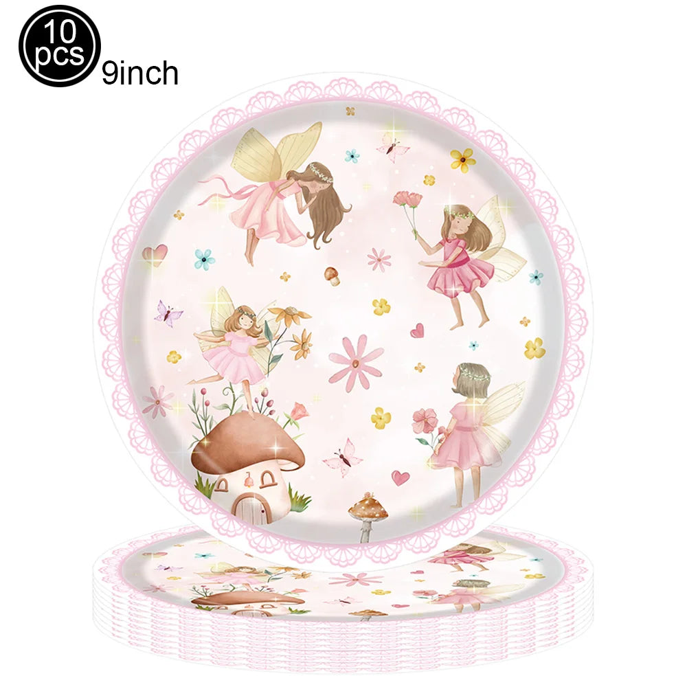 Pink Fairy Party Disposable Tableware Fairy Birthday Party Supplies Plate Cup Napkin Tablecloth Flower Fairies Birthday Decors
